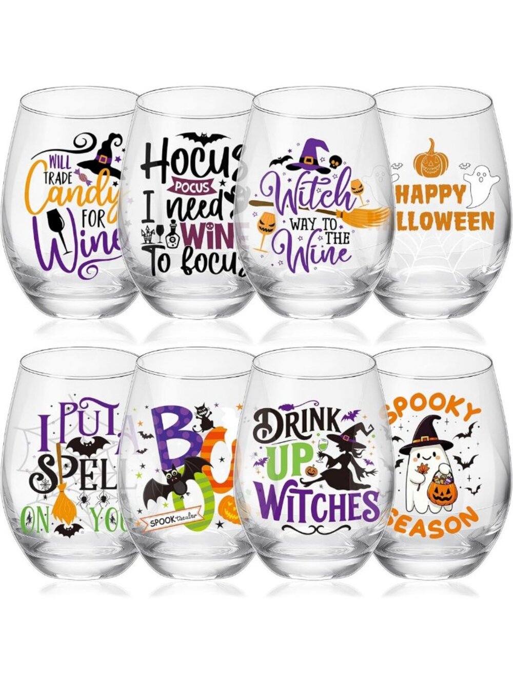 8 Pcs Halloween Stemless Wine Glasses - Funny Ghost Drinkware for Parties